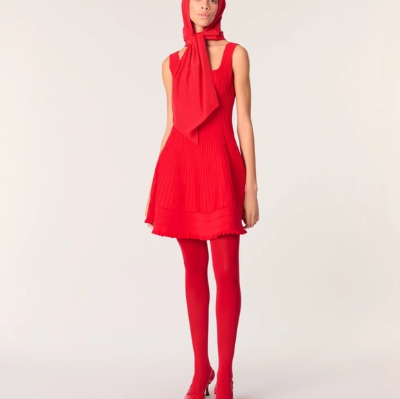 maje red knit dress Ribbed knit dress with gold eyelets